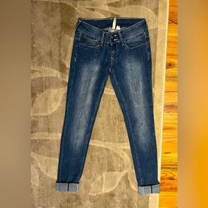 MANGO jeans. Low rise light blue with distress white. Size 4 USA. Cuffed gems